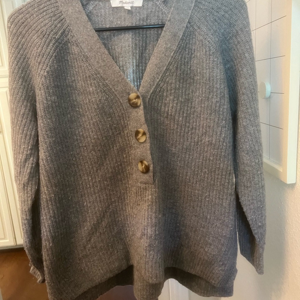 Gray V-Neck Sweater with Button Detail